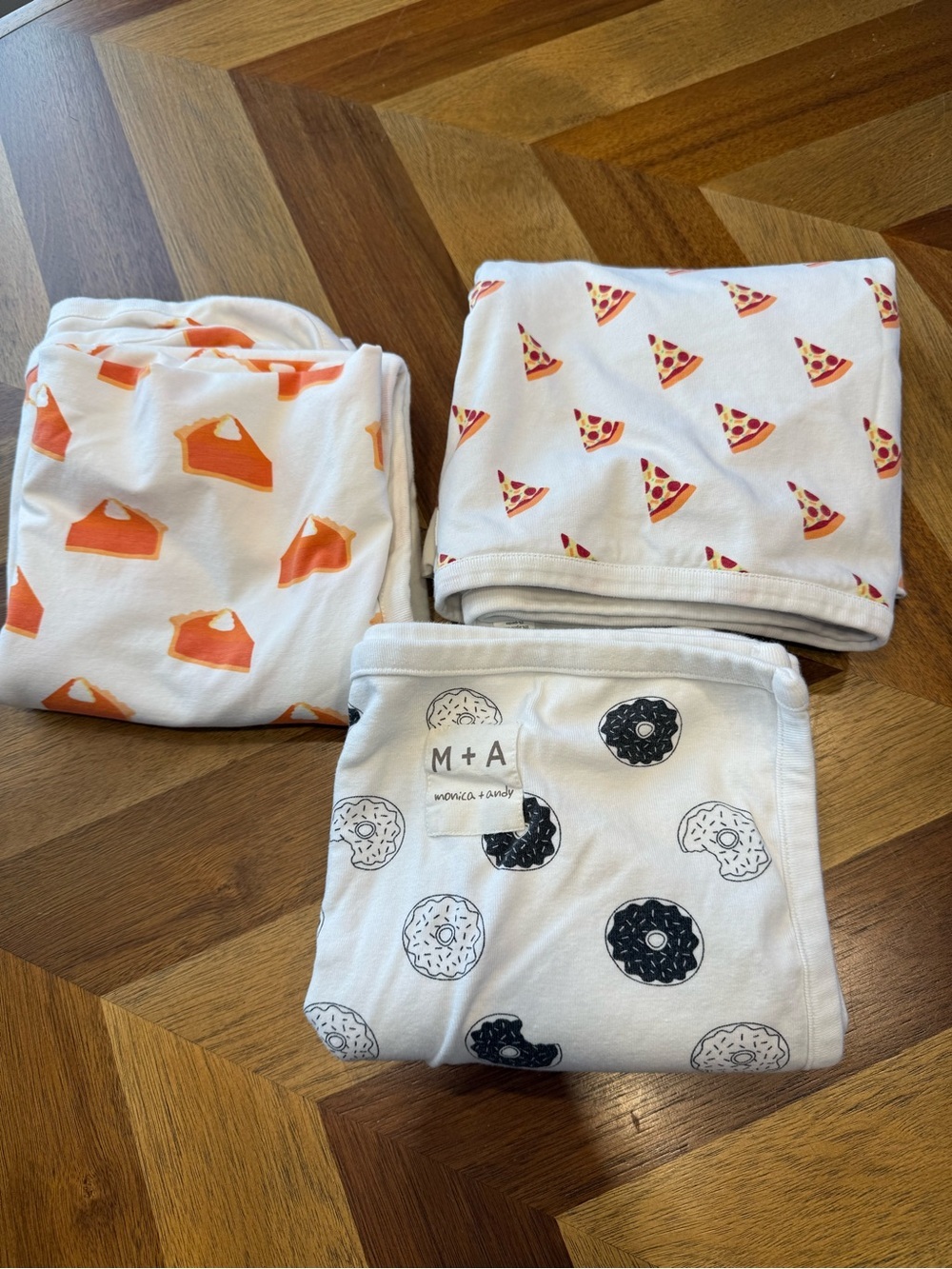 Monica + Andy Baby Swaddle Trio - Pizza, Donut & Pie Prints Preowned